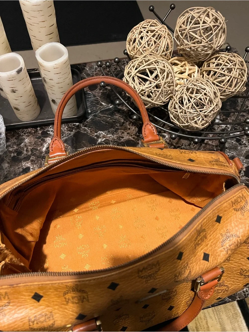 MCM Cognac Visetos Barrel Duffel with Tan Handles like a speedy 35